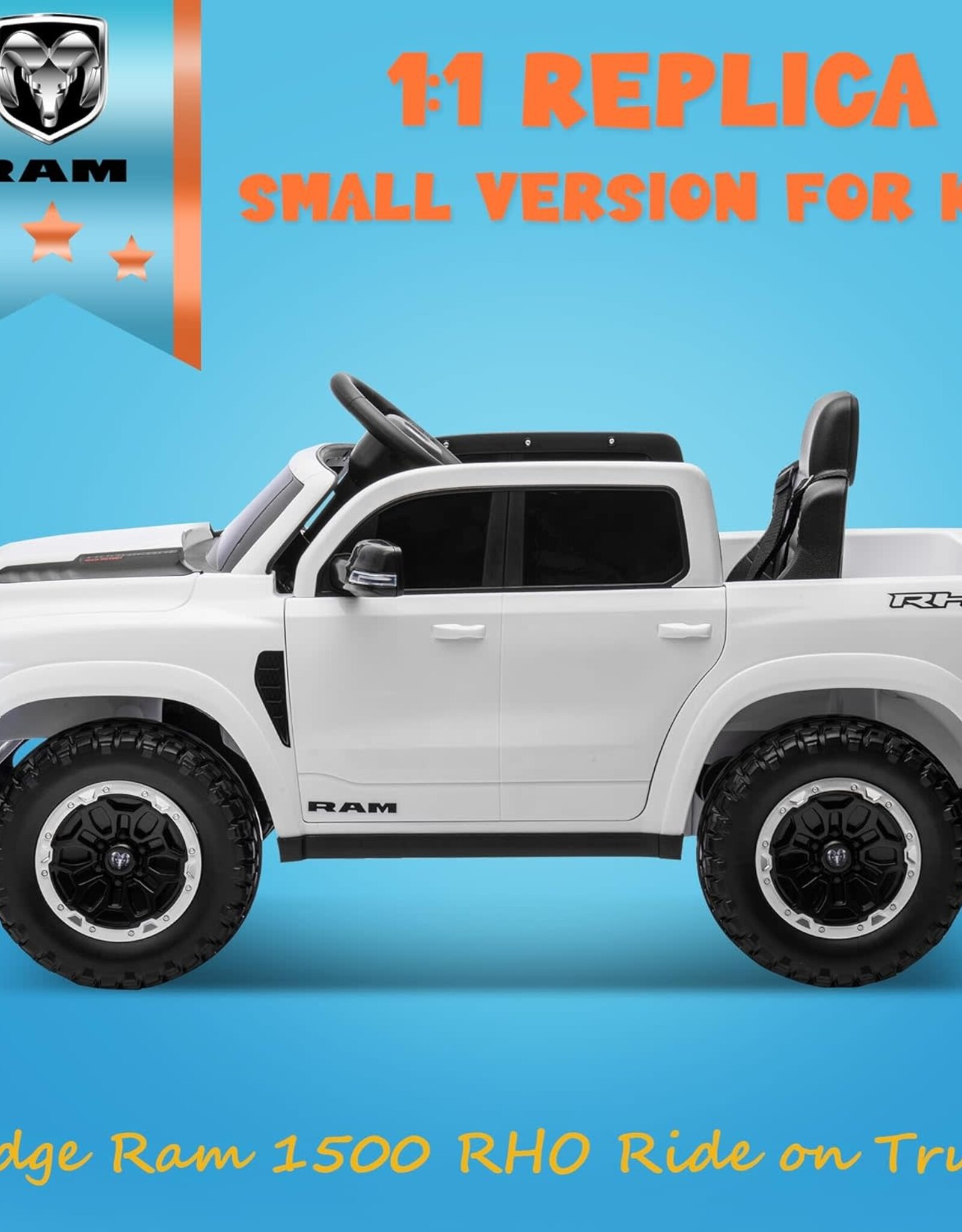 ENYOPRO 12V Ram 1500 Electric Ride On Truck for Kids, Remote Control Ride On Car for Toddlers, Electric Power Car w/4 Wheels Shock Absorption, Soft Start, 2 Speeds, LED Lights, BT/USB/MP3, White