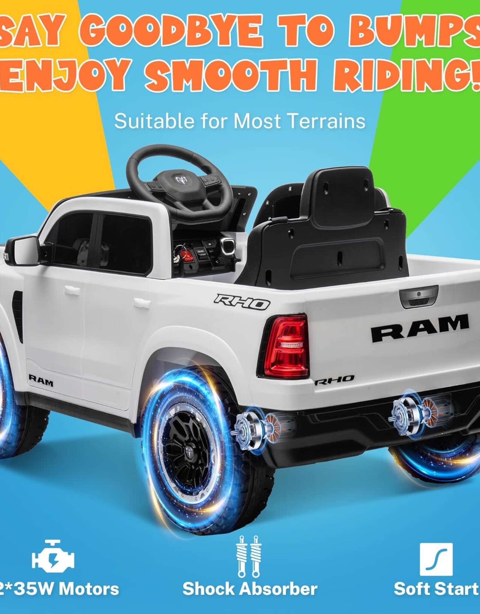 ENYOPRO 12V Ram 1500 Electric Ride On Truck for Kids, Remote Control Ride On Car for Toddlers, Electric Power Car w/4 Wheels Shock Absorption, Soft Start, 2 Speeds, LED Lights, BT/USB/MP3, White