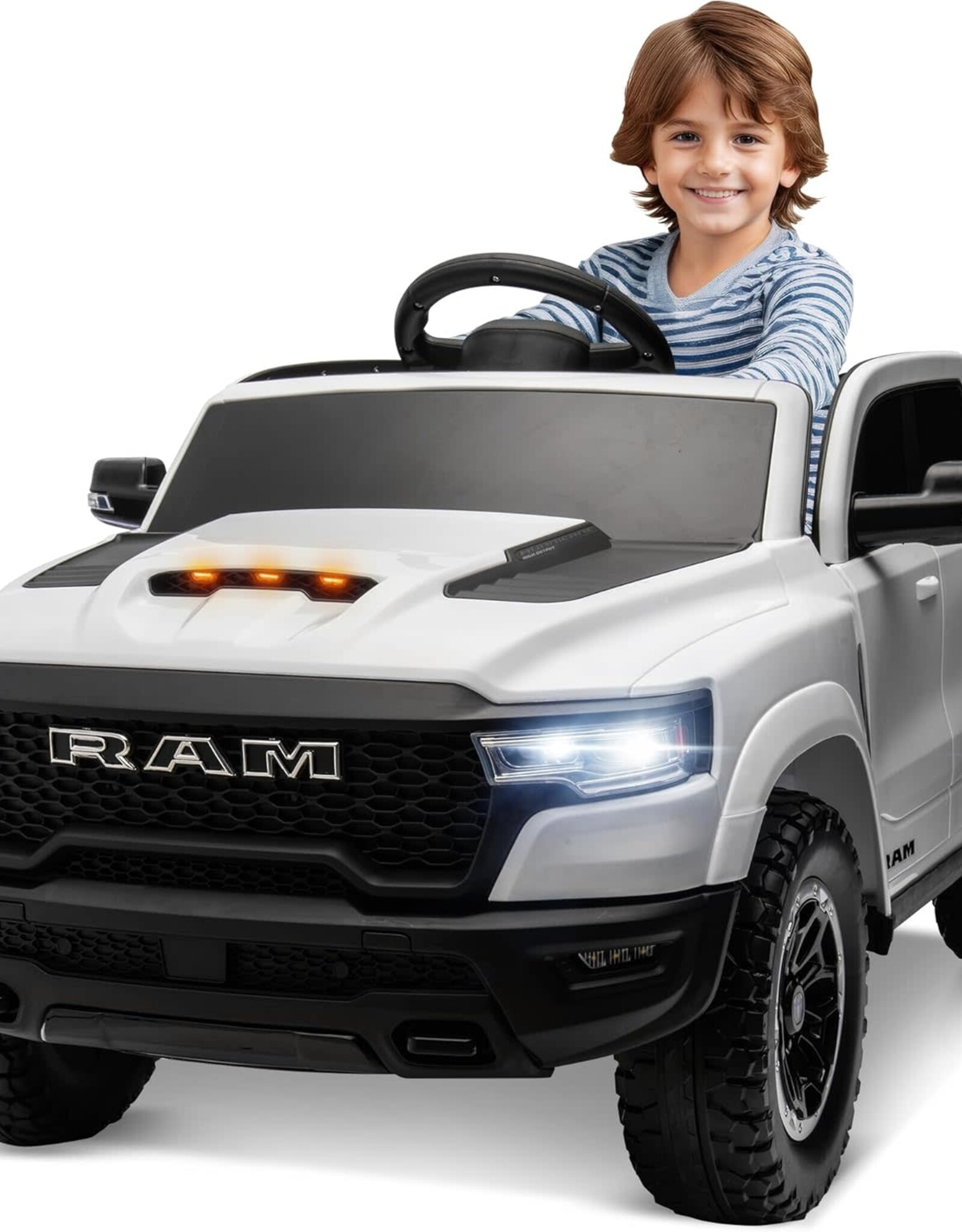 ENYOPRO 12V Ram 1500 Electric Ride On Truck for Kids, Remote Control Ride On Car for Toddlers, Electric Power Car w/4 Wheels Shock Absorption, Soft Start, 2 Speeds, LED Lights, BT/USB/MP3, White