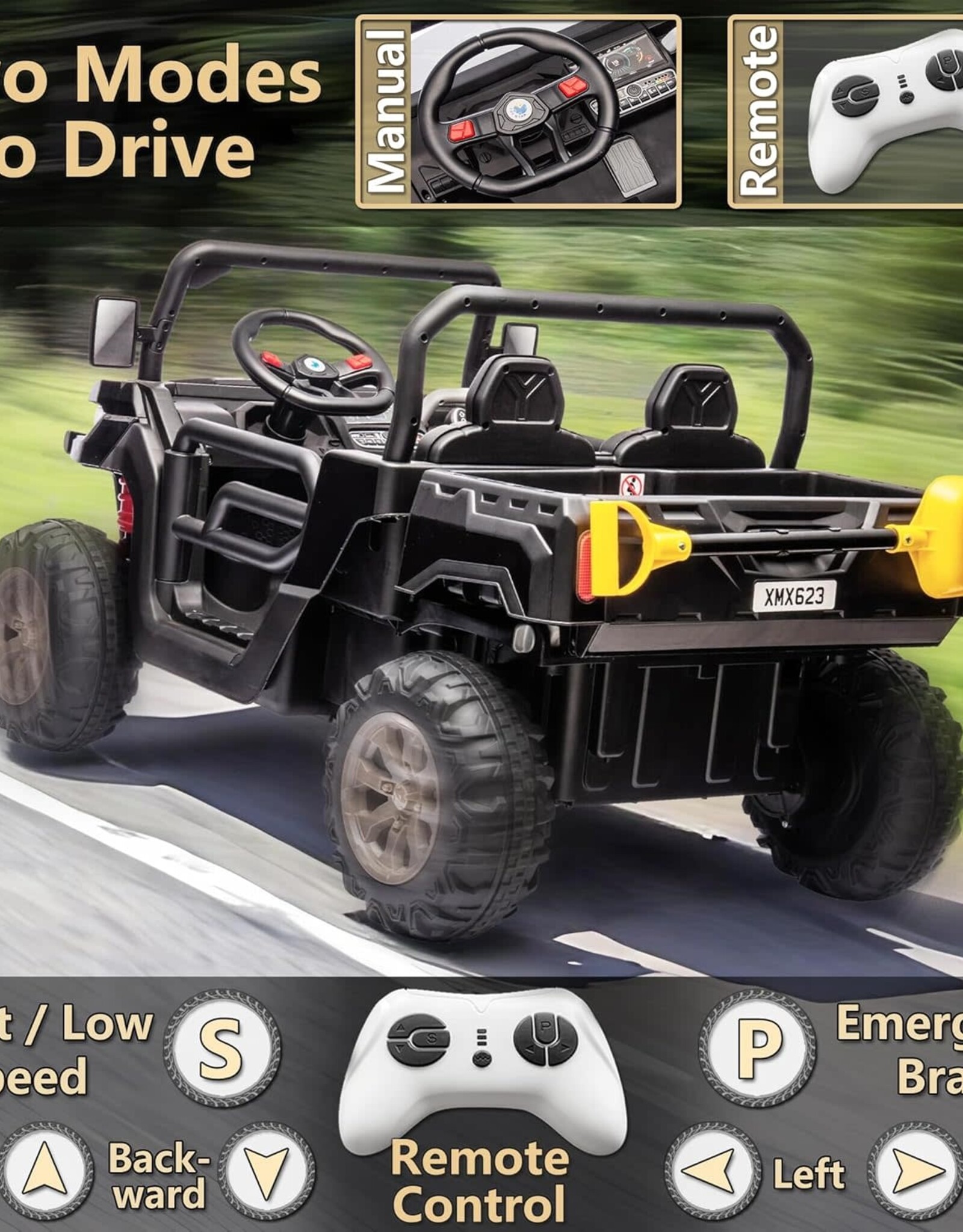 24V 2 Seater Kids Ride on Car Truck, Ride On UTV with 2x200W Motor Ride On Dump Truck, Ride On Car with Dump Bed/Shovel, Electric Vehicle with Durable Tires, LED Light, Music, Remote Control, Black