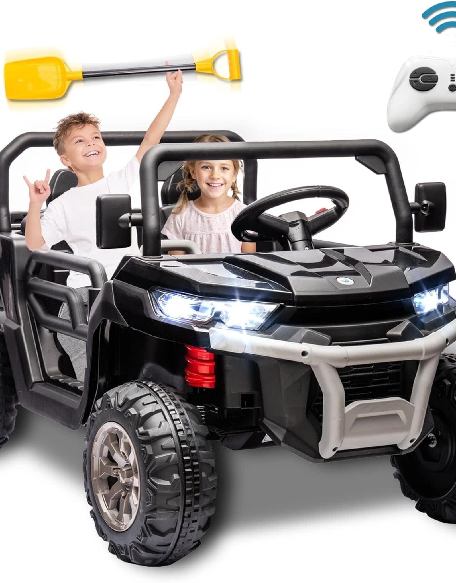 24V 2 Seater Kids Ride on Car Truck, Ride On UTV with 2x200W Motor Ride On Dump Truck, Ride On Car with Dump Bed/Shovel, Electric Vehicle with Durable Tires, LED Light, Music, Remote Control, Black