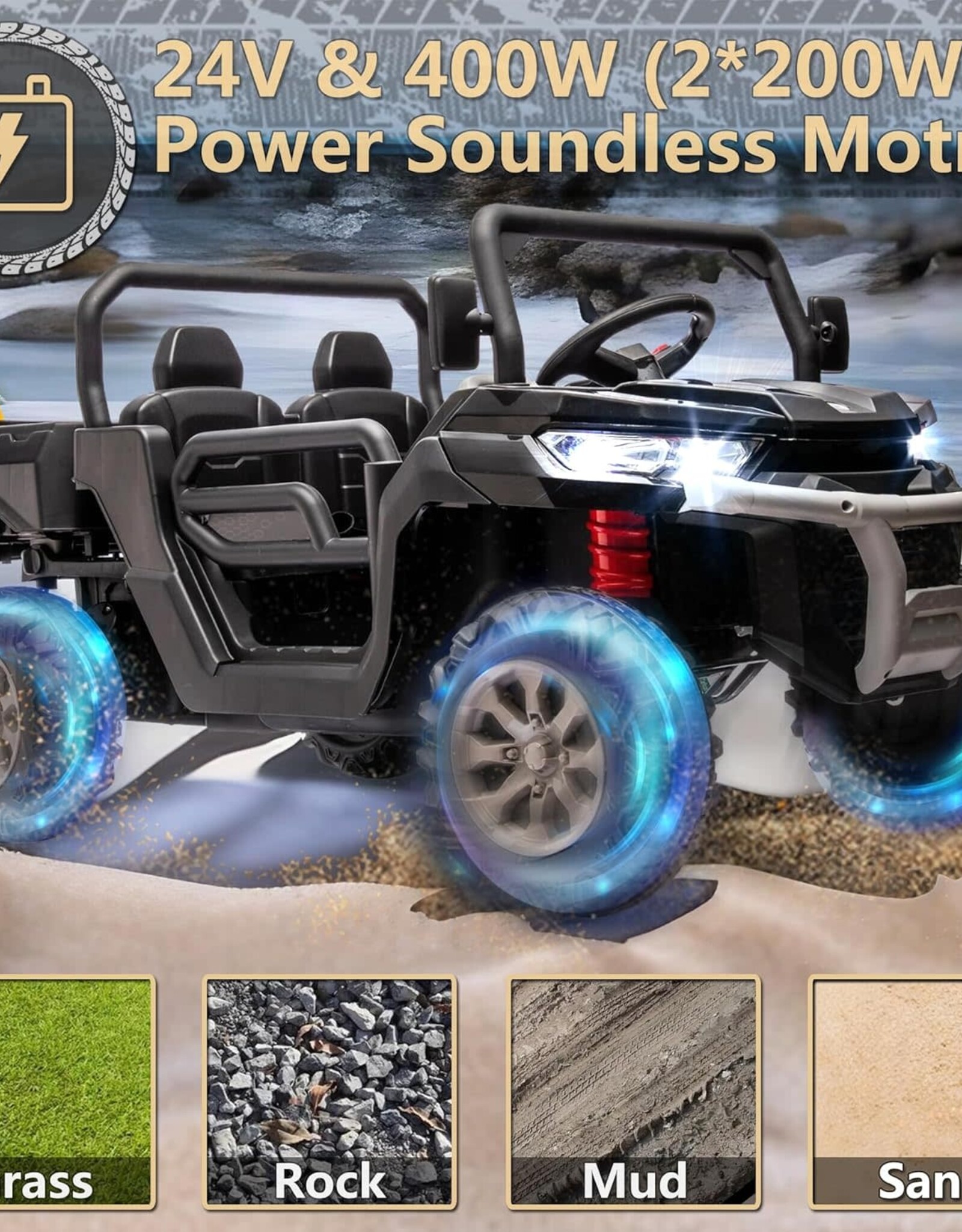 24V 2 Seater Kids Ride on Car Truck, Ride On UTV with 2x200W Motor Ride On Dump Truck, Ride On Car with Dump Bed/Shovel, Electric Vehicle with Durable Tires, LED Light, Music, Remote Control, Black