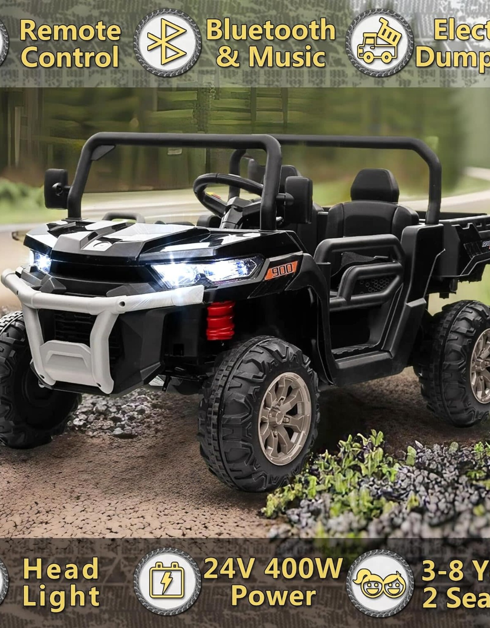 24V 2 Seater Kids Ride on Car Truck, Ride On UTV with 2x200W Motor Ride On Dump Truck, Ride On Car with Dump Bed/Shovel, Electric Vehicle with Durable Tires, LED Light, Music, Remote Control, Black
