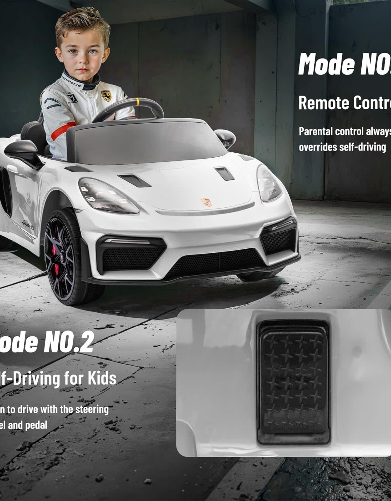Porsche 718 Ride On Toy for Kids,12V Kids Electric Car to Drive with Remote Control,Kids Sports Ride on Car with 4-Wheel Suspension,35W Dual Motors,3 Speed,Bluetooth,Tail Light (White)