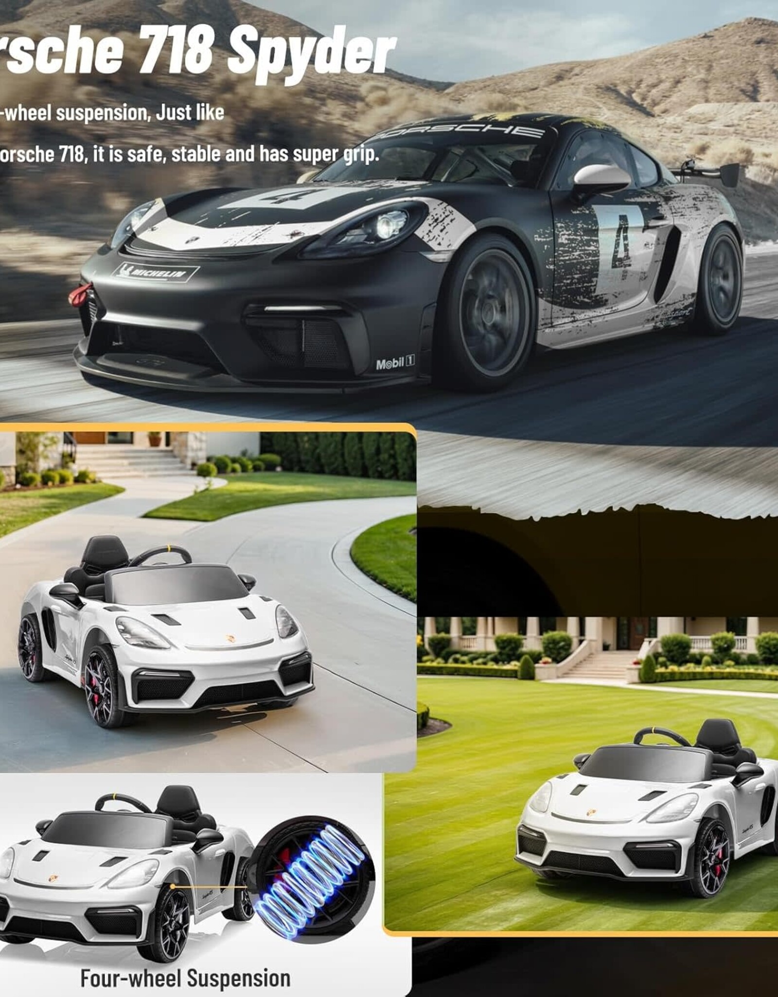 Porsche 718 Ride On Toy for Kids,12V Kids Electric Car to Drive with Remote Control,Kids Sports Ride on Car with 4-Wheel Suspension,35W Dual Motors,3 Speed,Bluetooth,Tail Light (White)