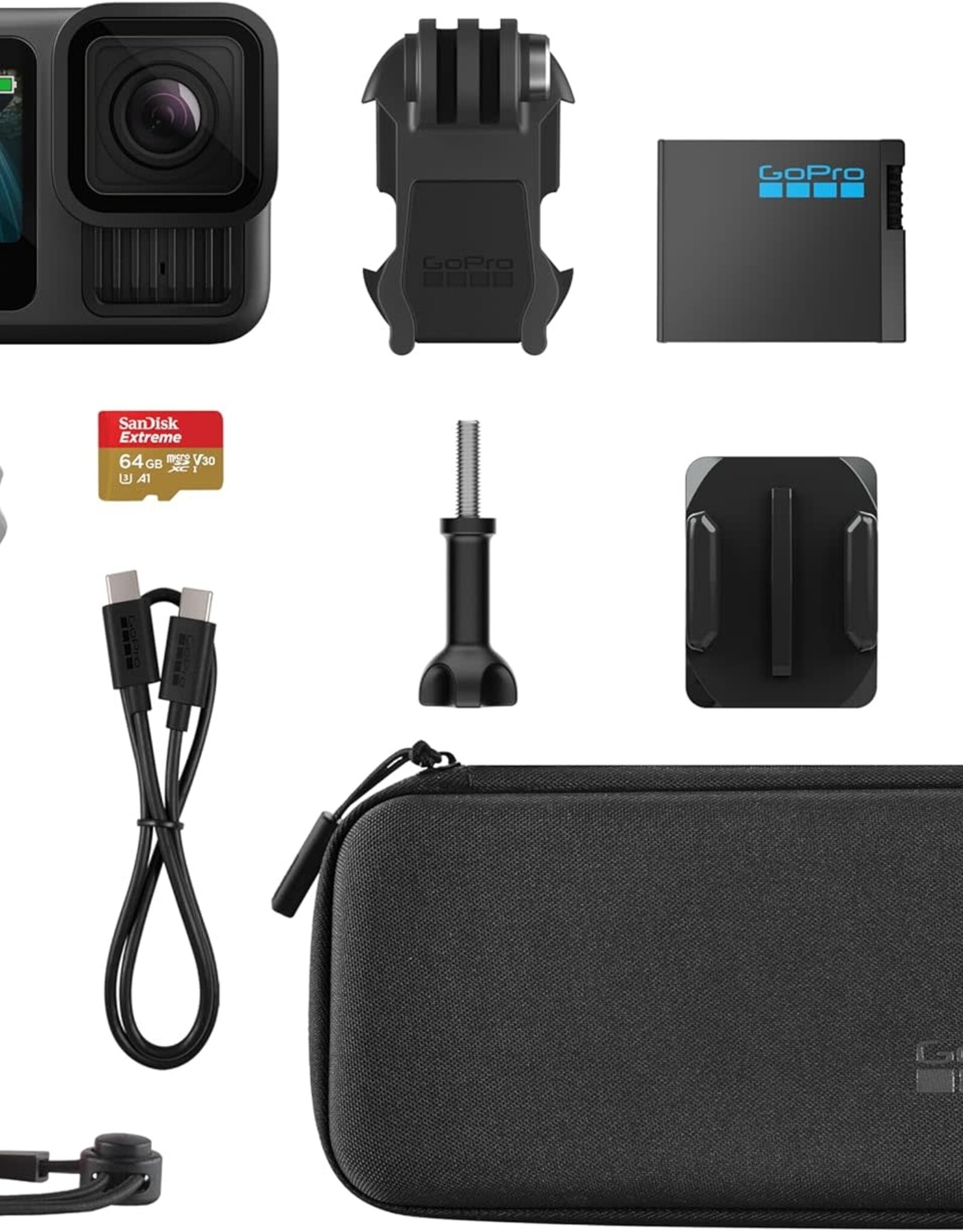 GoPro HERO13 Black Accessory Bundle - Includes The Handler, 2 Enduro Batteries, 2 Curved Adhesive Mounts, 64GB SanDisk MicroSD Card, and Carrying Case