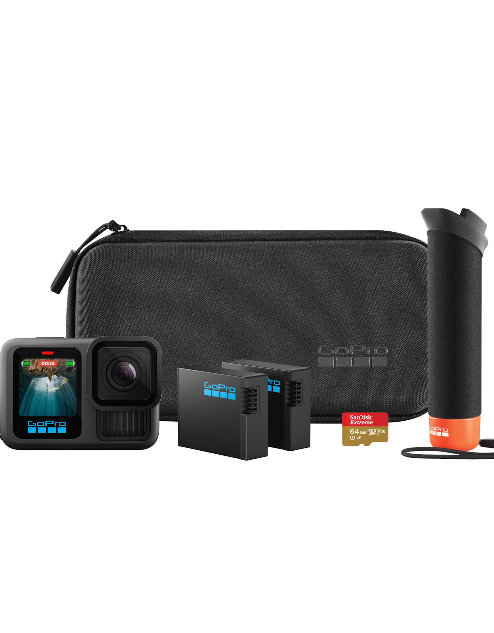 GoPro HERO13 Black Accessory Bundle - Includes The Handler, 2 Enduro Batteries, 2 Curved Adhesive Mounts, 64GB SanDisk MicroSD Card, and Carrying Case