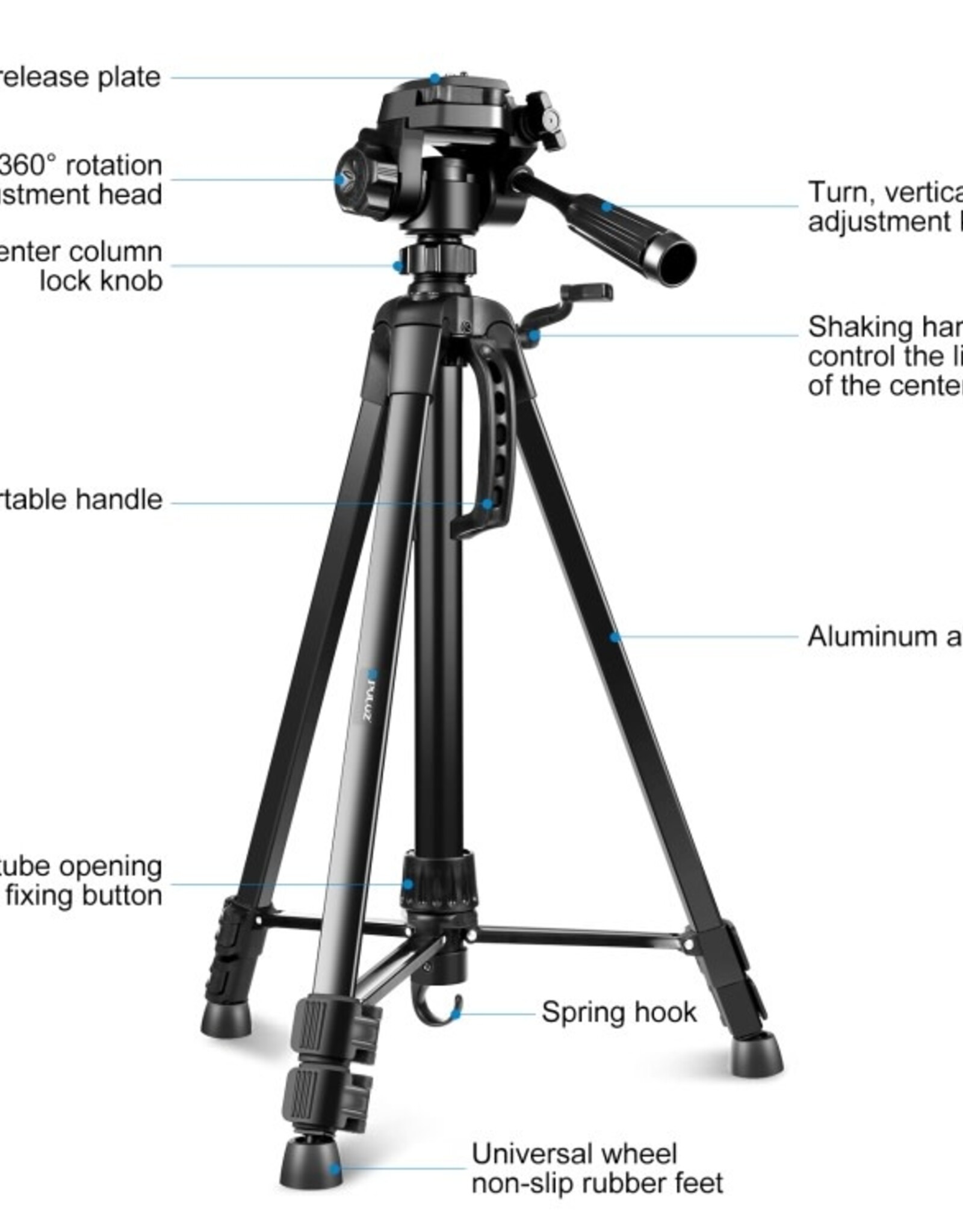 PULUZ Aluminum Selfie Live Tripod Mount with Three-dimensional Head & Phone Clamp