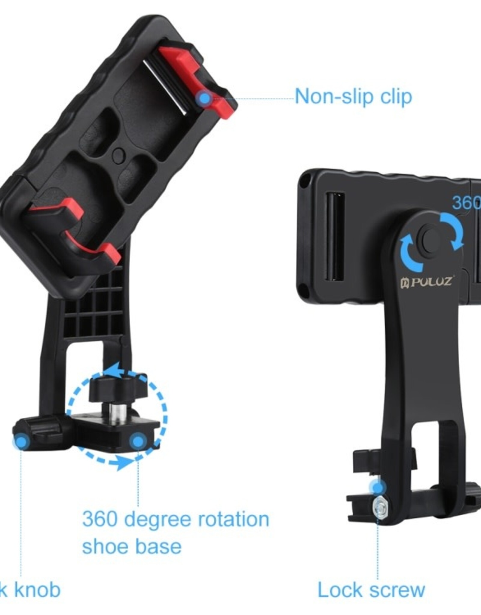 PULUZ 360 Degree Rotating Horizontal Vertical Shooting Phone ABS Clamp Holder Bracket For iPhone, Galaxy, Huawei, Xiaomi, Sony, HTC, Google and other Smartphones