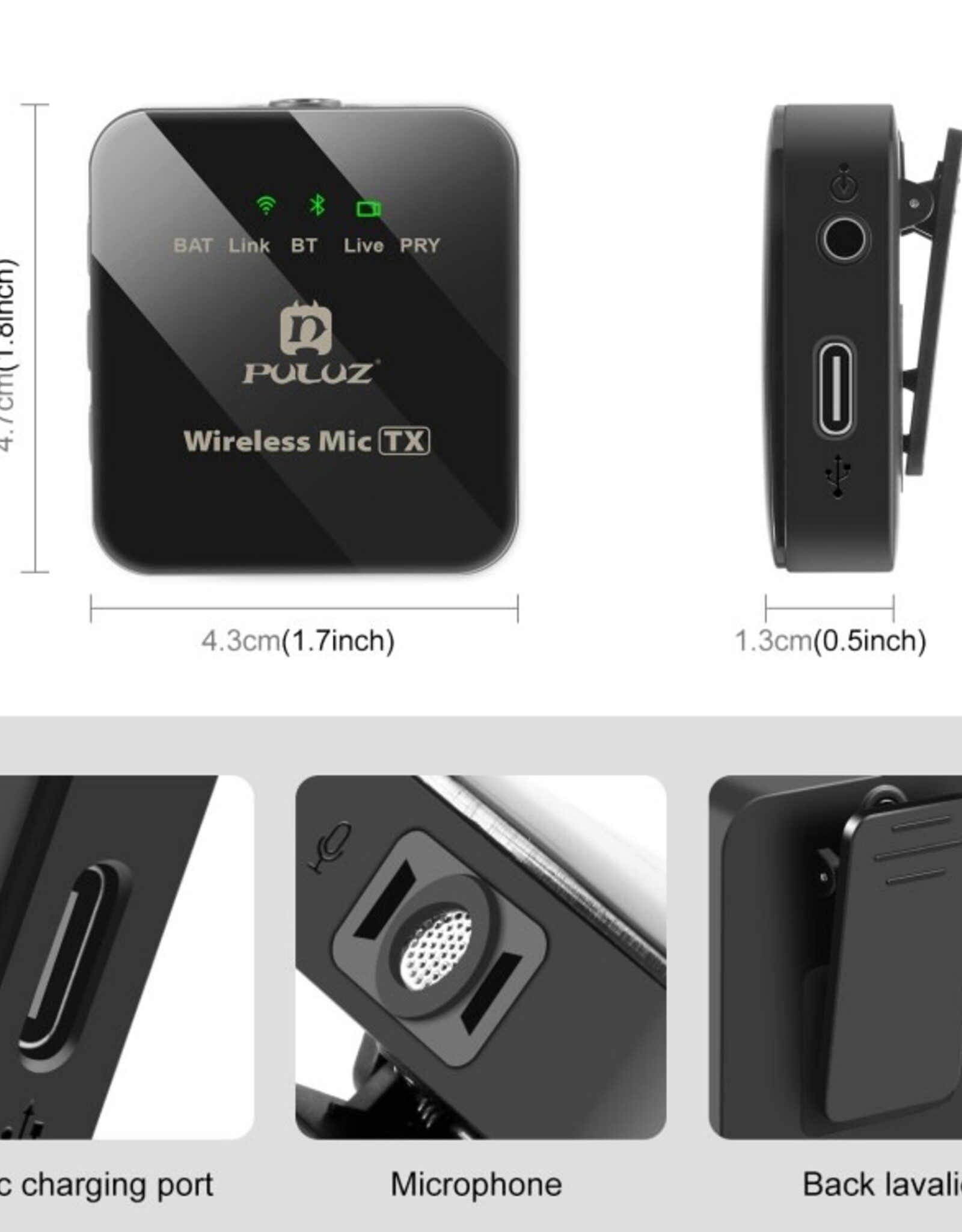 PULUZ Wireless Lavalier Microphone for Type-C Phone, Type-C Receiver and Dual Microphones