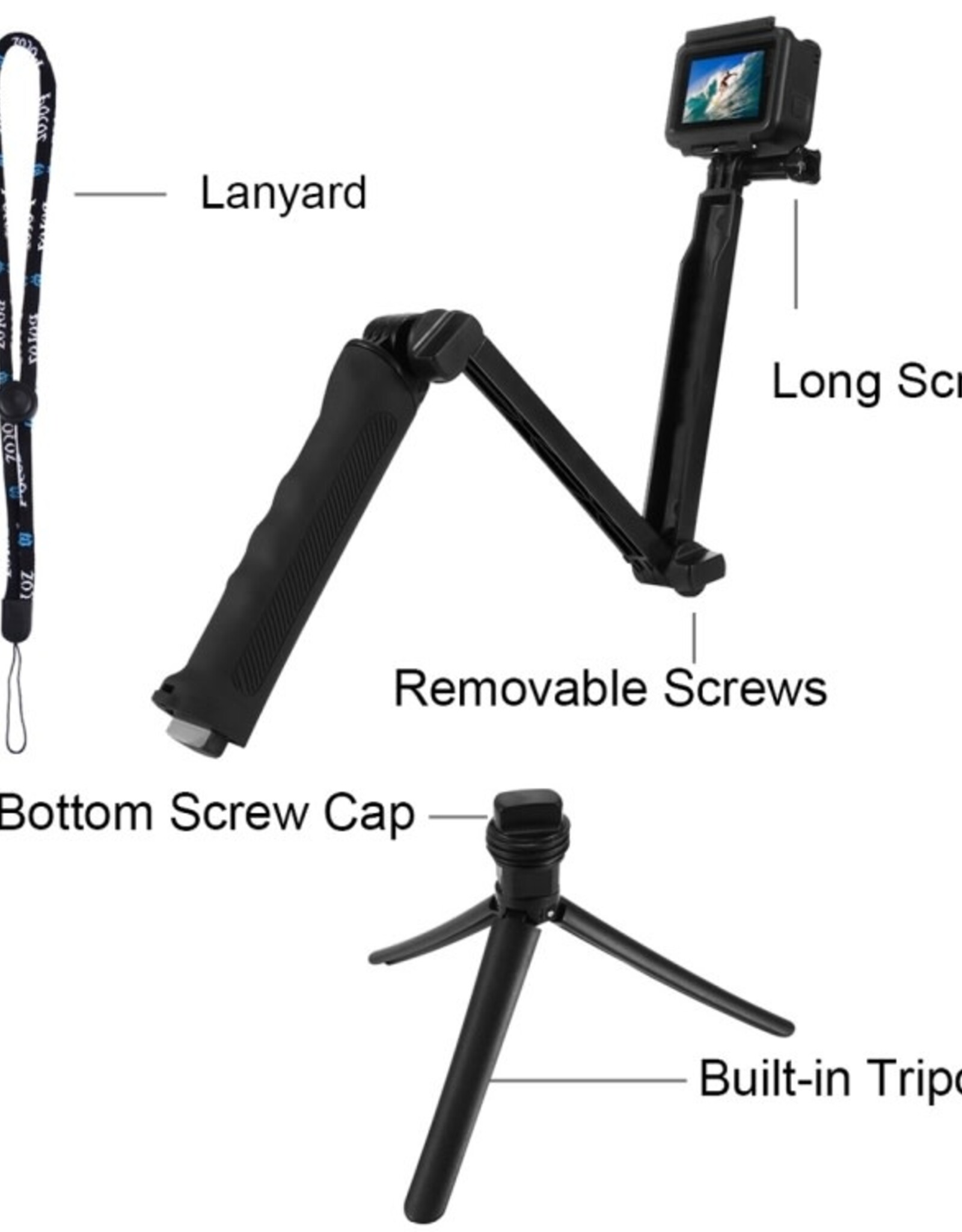 PULUZ 3-Way Grip Foldable Tripod Selfie-stick Extension Monopod for GoPro, Insta360 ONE R, DJI Osmo Action and Other Action Cameras, Length: 20-58cm