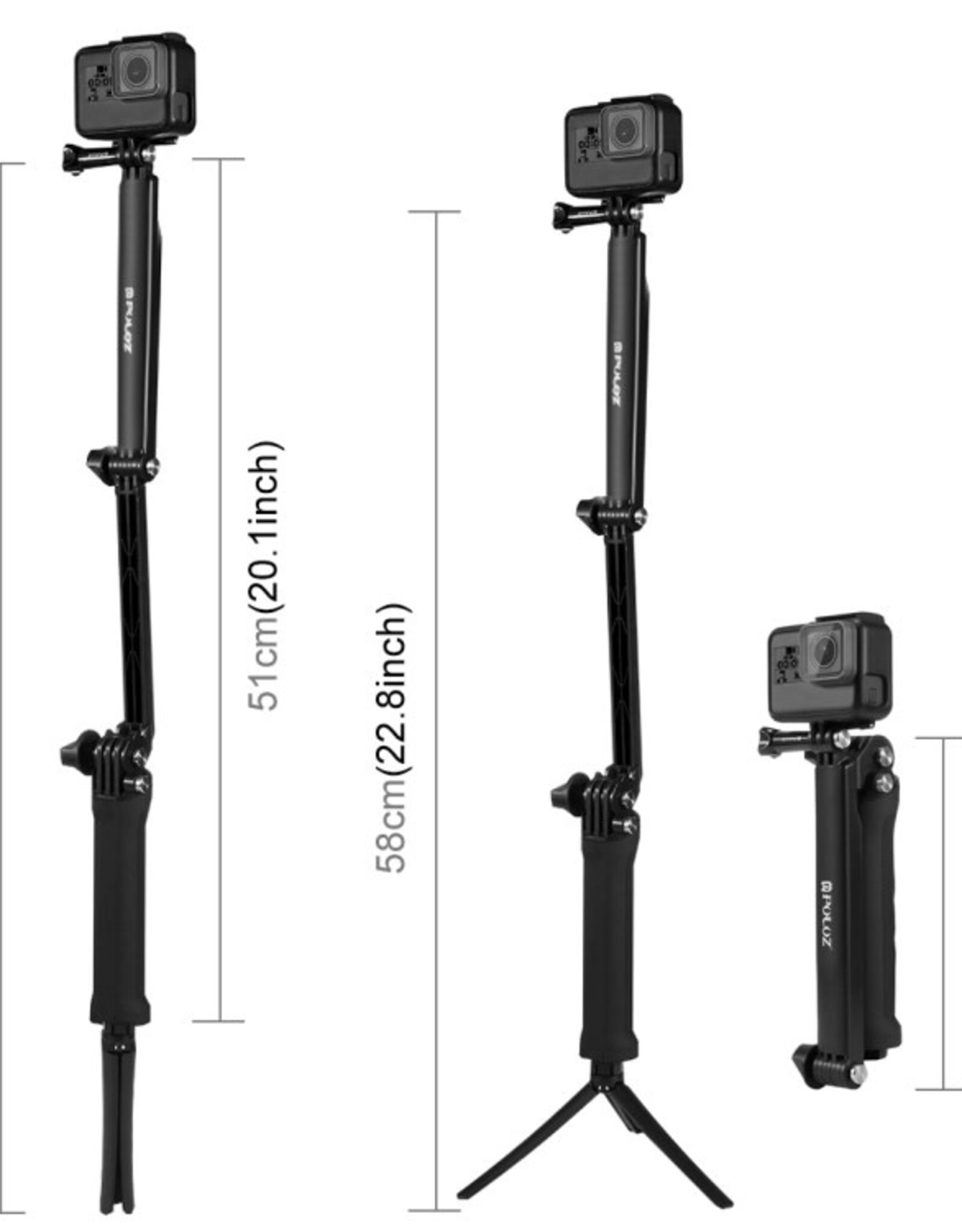 PULUZ 3-Way Grip Foldable Tripod Selfie-stick Extension Monopod for GoPro, Insta360 ONE R, DJI Osmo Action and Other Action Cameras, Length: 20-58cm