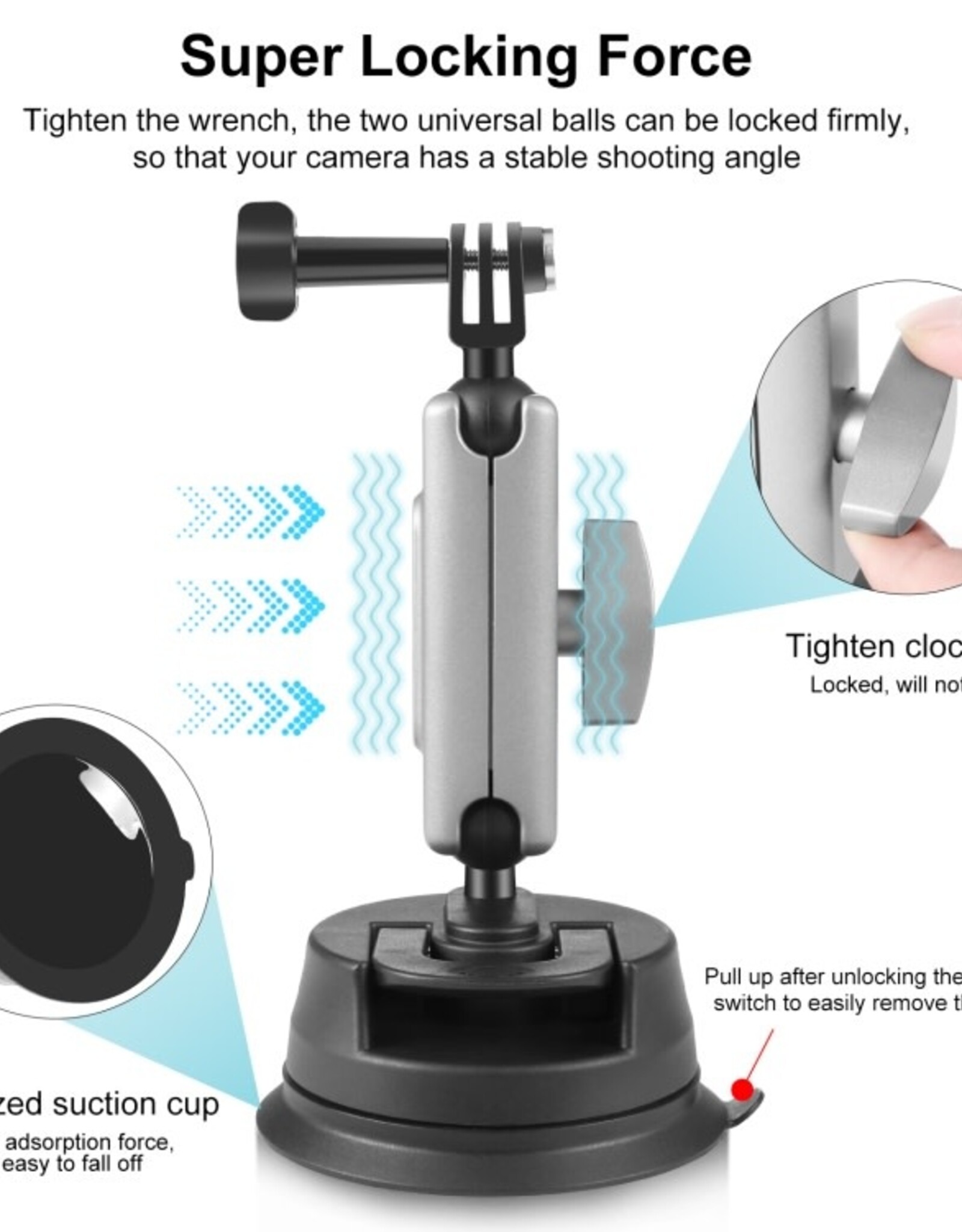 PULUZ Car Suction Cup Mount 360° Rotation Windshield & Window Camera Bracket for GoPro Hero 13 12 11 10 9 8 7 Insta360 X3/4/5 DJI Action Cameras