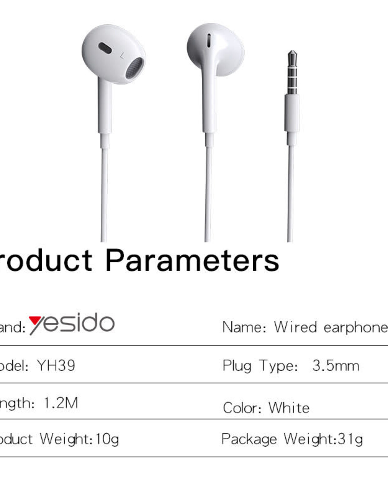 yesido earphones 3.5mm white YH39
