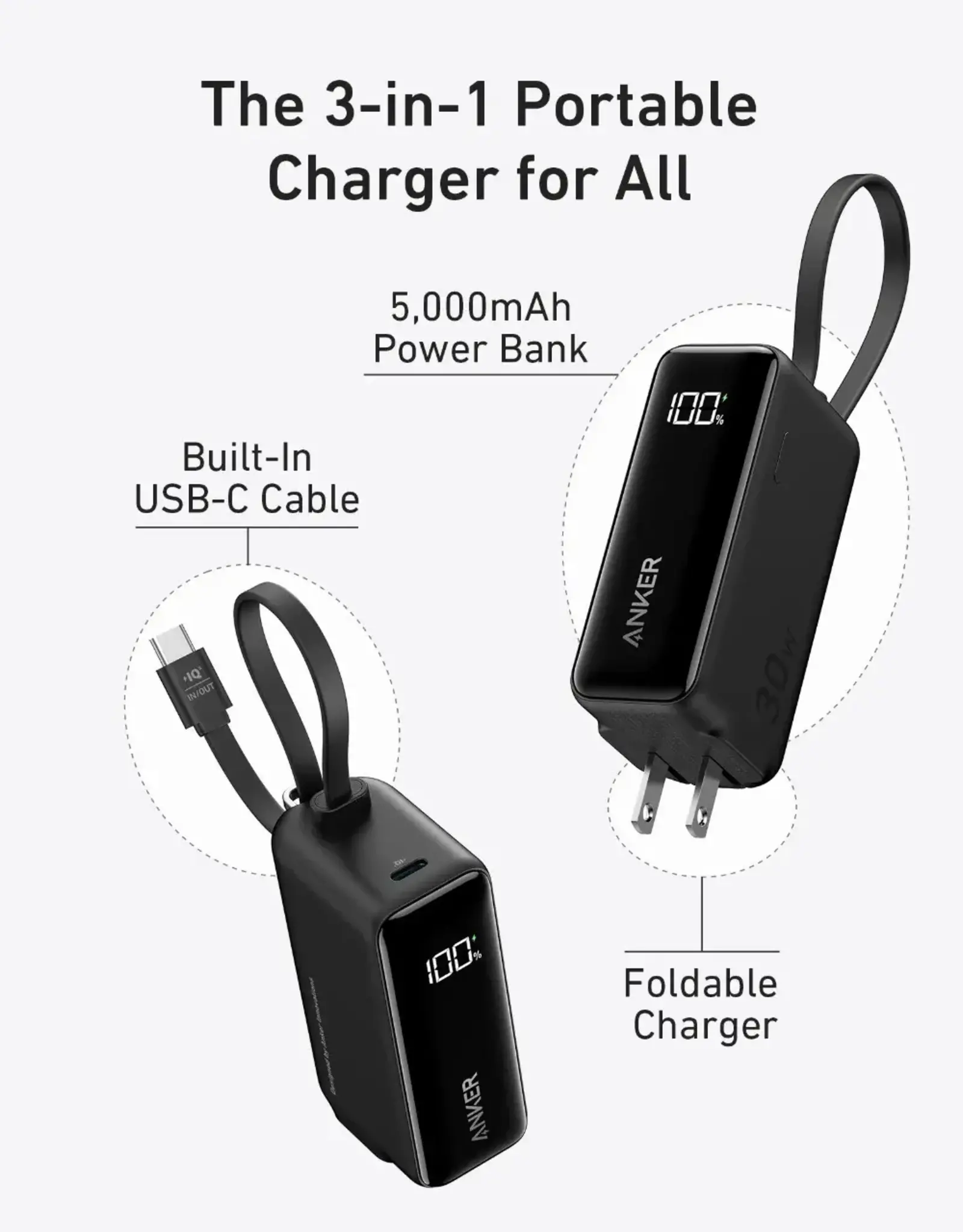 Anker 5K mAh 30W Fusion Power Bank w/ Built-in USB-C Cable & Digital Display - Black