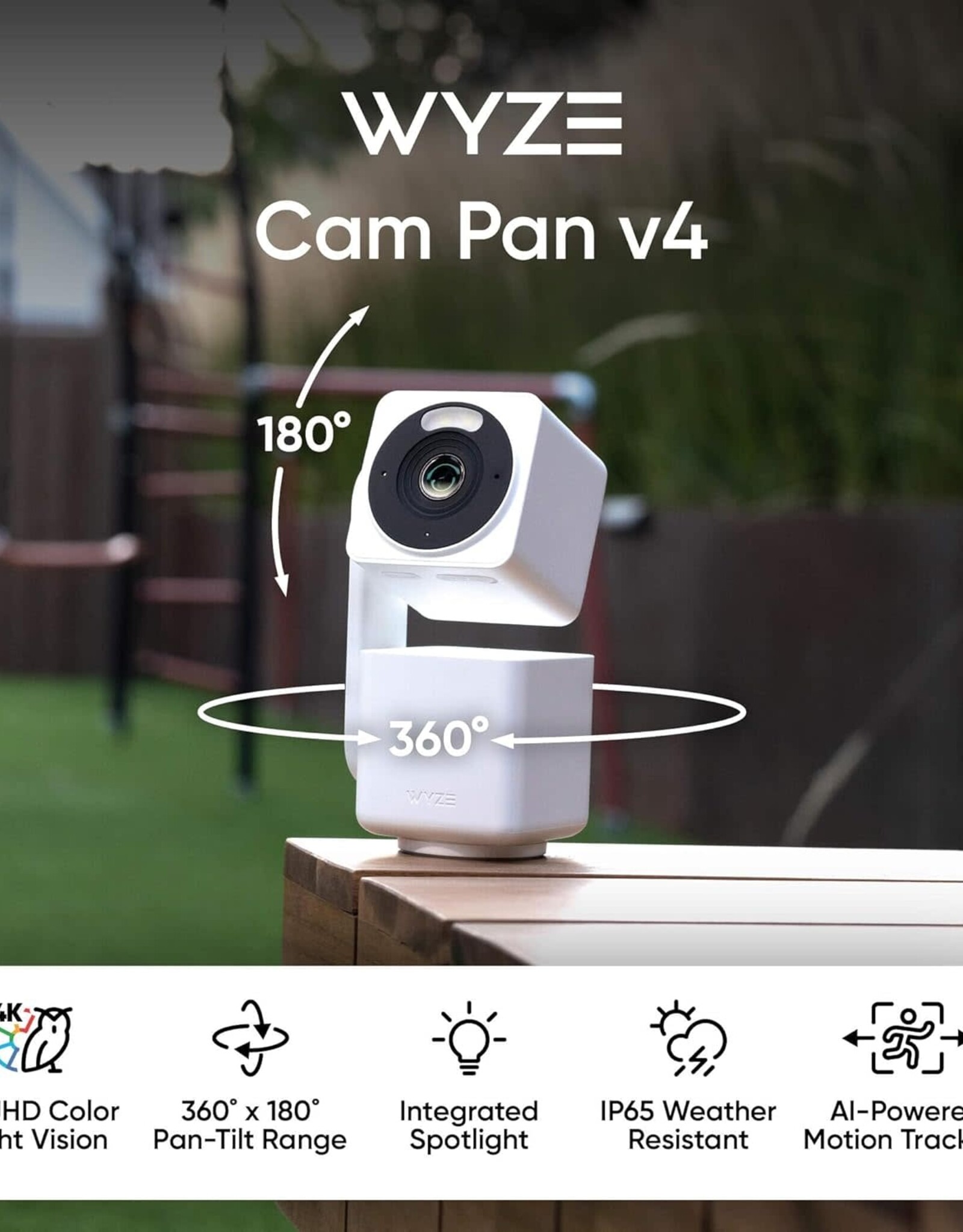 WYZE CAM PAN V4 – 4K SMART SECURITY CAMERA – AI INDOOR/OUTDOOR – COLOR NIGHT VISION – 360° PAN/TILT/8X DIGITAL ZOOM – 2.4G/5G – WORKS WITH ALEXA & GOOGLE ASSISTANT – HOME, BABY & PET MONITORING