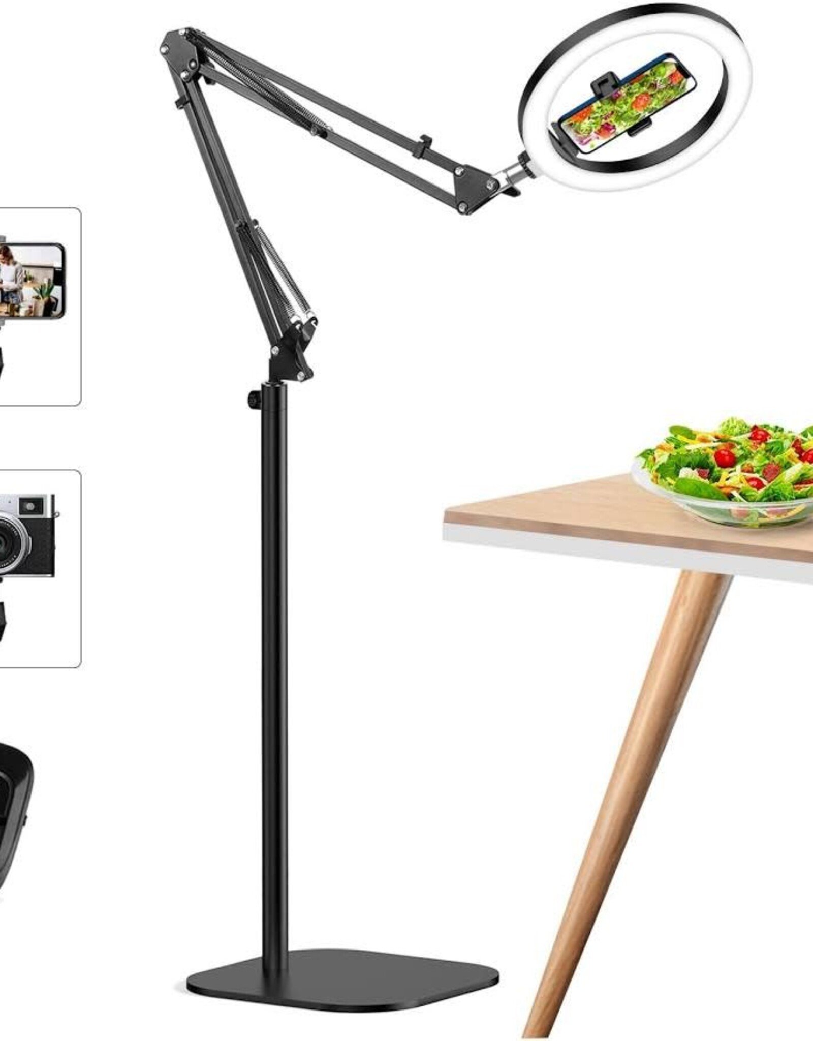XJ36C 10 Inch Ring Light Fill Lamp with Magnetic Phone Holder Folding Stand, Overhead Shooting Kit - White