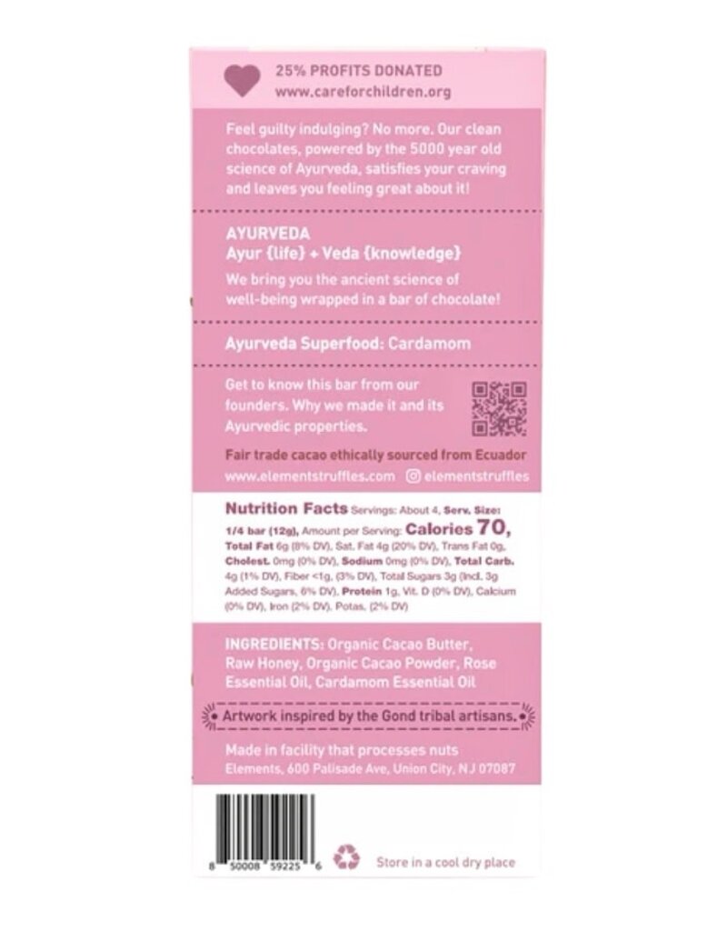 ELEMENTS TRUFFLES ROSE CARDAMOM 70% DARK CHOCOLATE BAR
