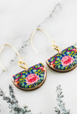 BLUE CHINESE FLORAL HALF CIRCLE EARRINGS