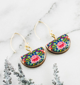 BLUE CHINESE FLORAL HALF CIRCLE EARRINGS