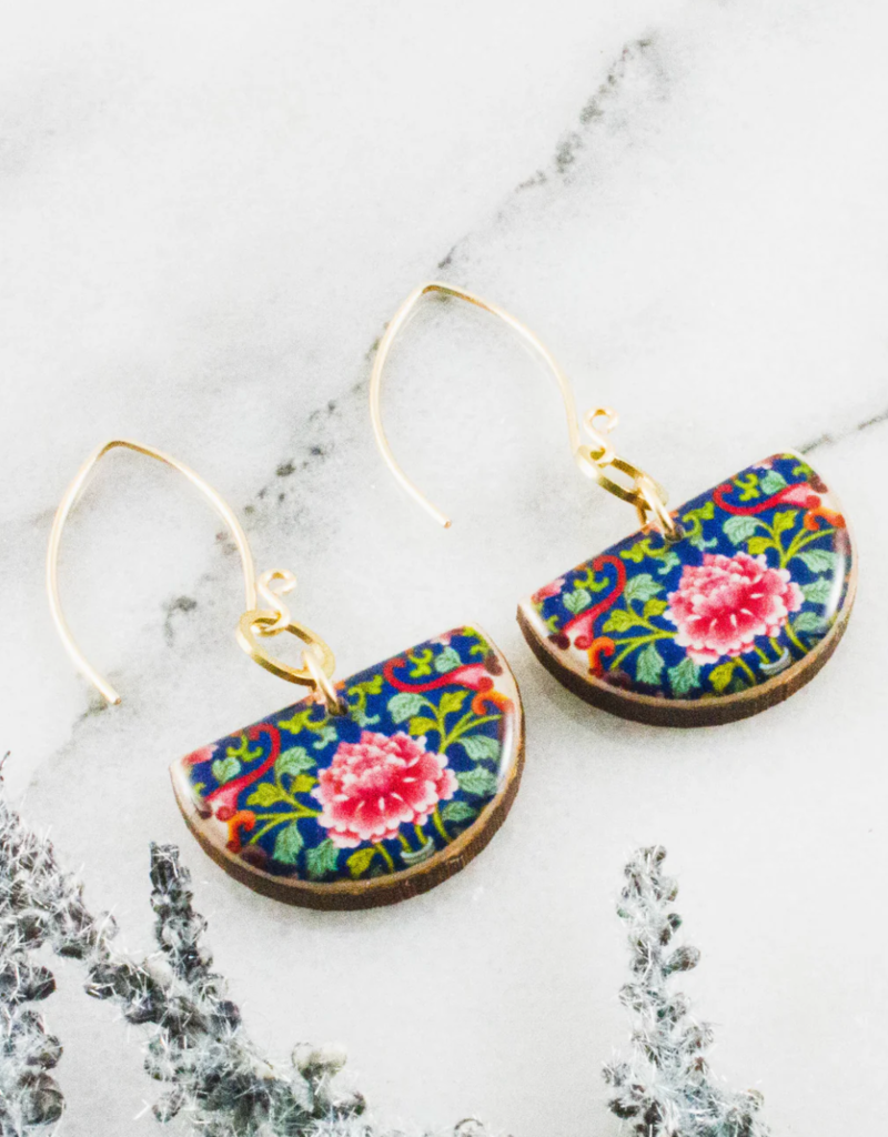 BLUE CHINESE FLORAL HALF CIRCLE EARRINGS