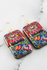 RED & BLUE CHINESE MOTIF RECTANGLE EARRINGS