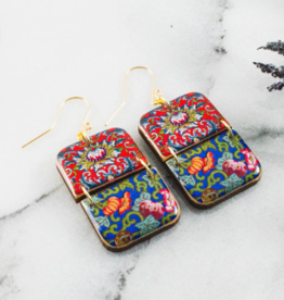 RED & BLUE CHINESE MOTIF RECTANGLE EARRINGS