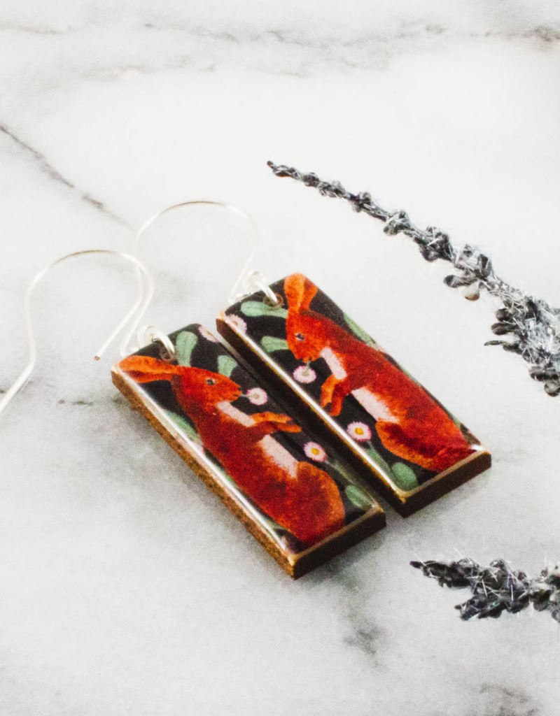 VINTAGE BROWN RABBIT RECTANGLE EARRINGS