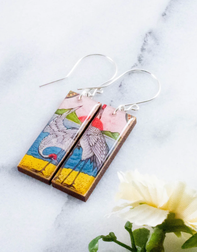VINTAGE JAPANESE CRANE RECTANGLE EARRINGS