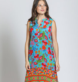 BLUE MULTI SLEEVELESS 1/2 BUTTON UP DRESS