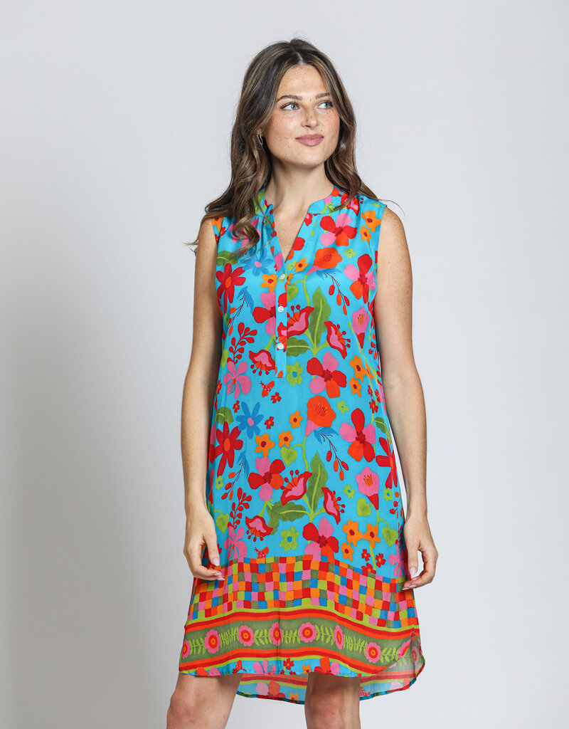 BLUE MULTI SLEEVELESS 1/2 BUTTON UP DRESS