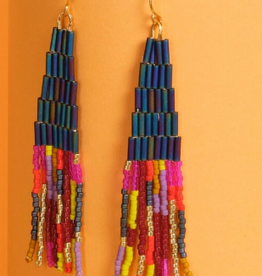 BEADED HANDWOVEN ABSTRACT LINEAR AND TUBE EARRINGS TEAL