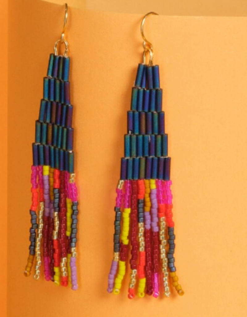 BEADED HANDWOVEN ABSTRACT LINEAR AND TUBE EARRINGS TEAL