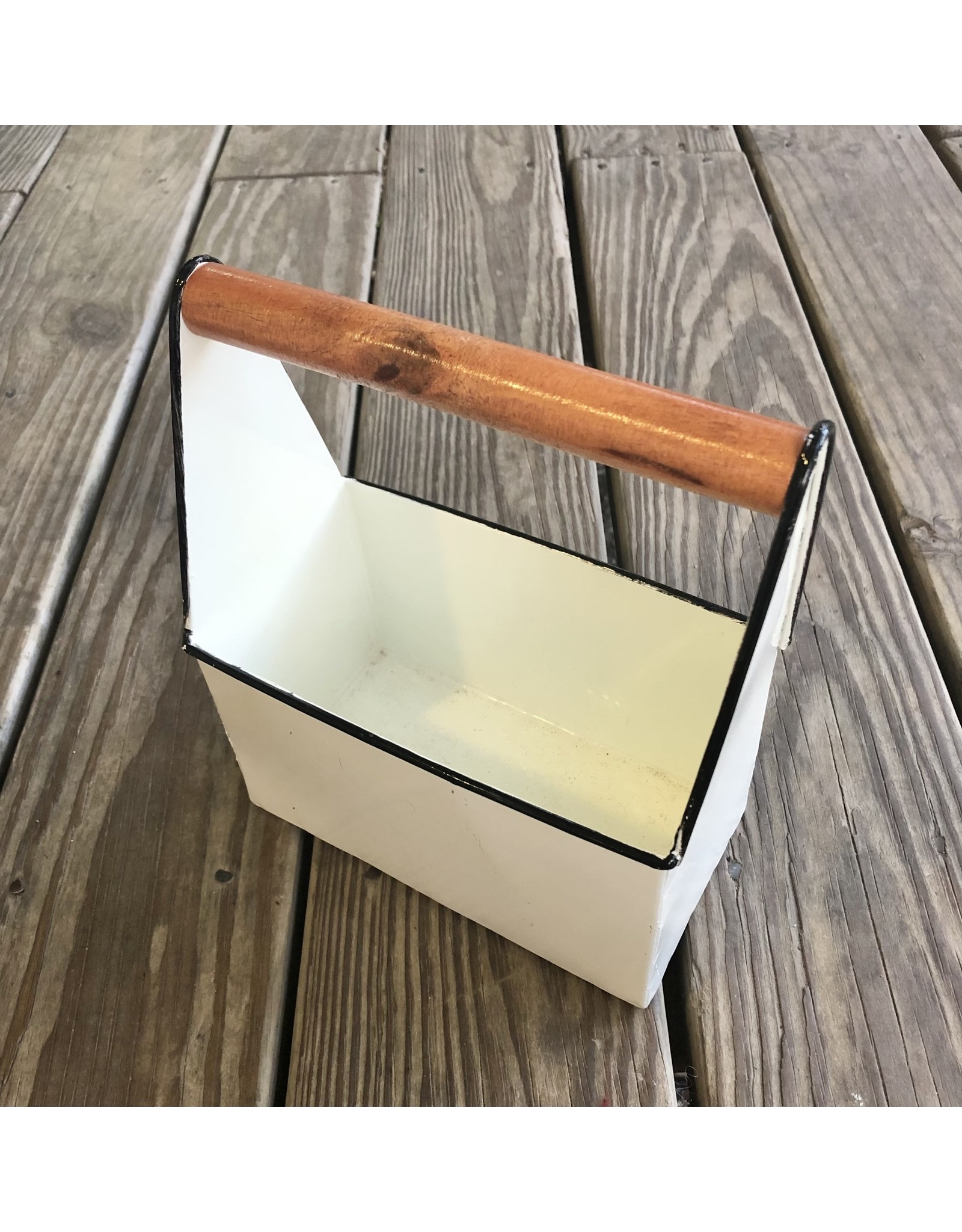 Enamel White Bin w/ Wood Handle 7x4x9