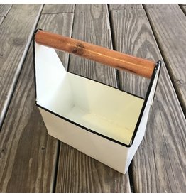 Enamel White Bin w/ Wood Handle 7x4x9