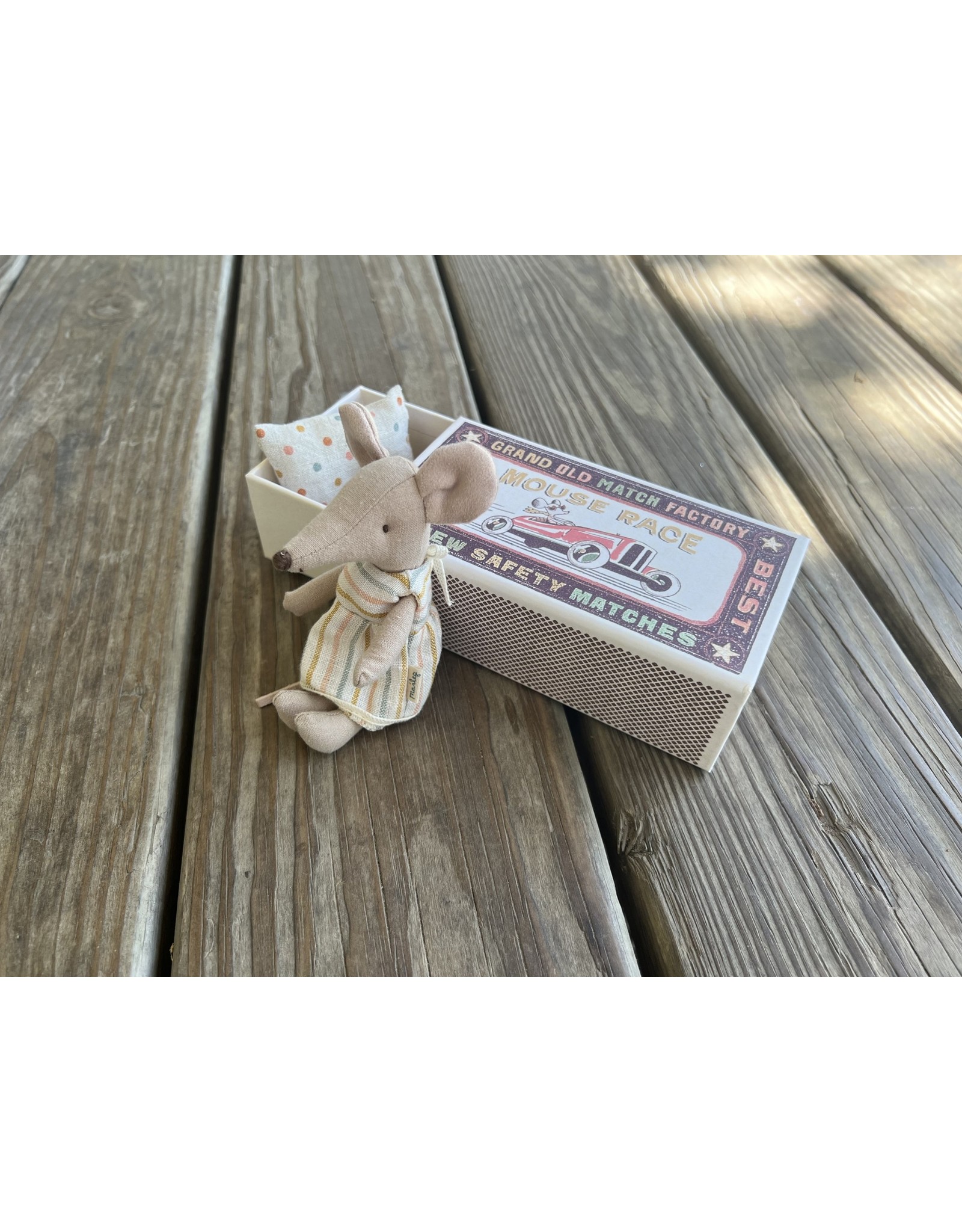 Big Sister Mouse in Matchbox - Striped Dress. Maileg