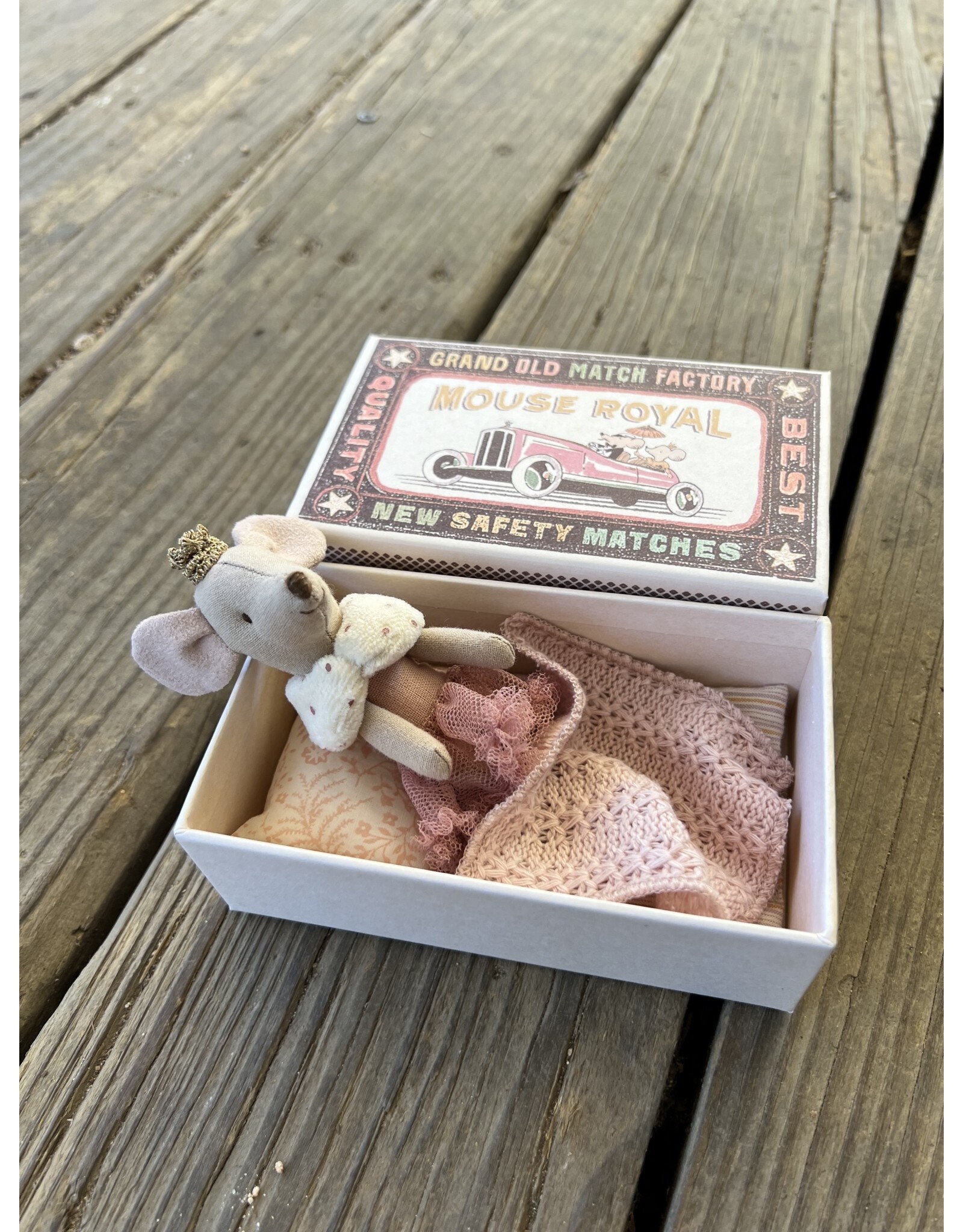 Little Sister Princess Mouse in Matchbox - Pink Dress. Maileg