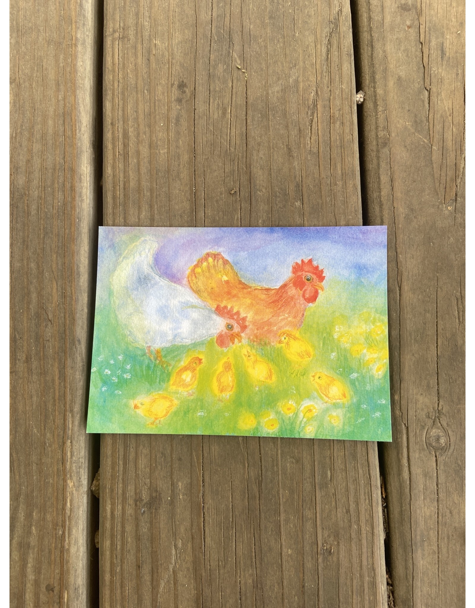 Hen and Cockerel with Baby Chicks Postcard