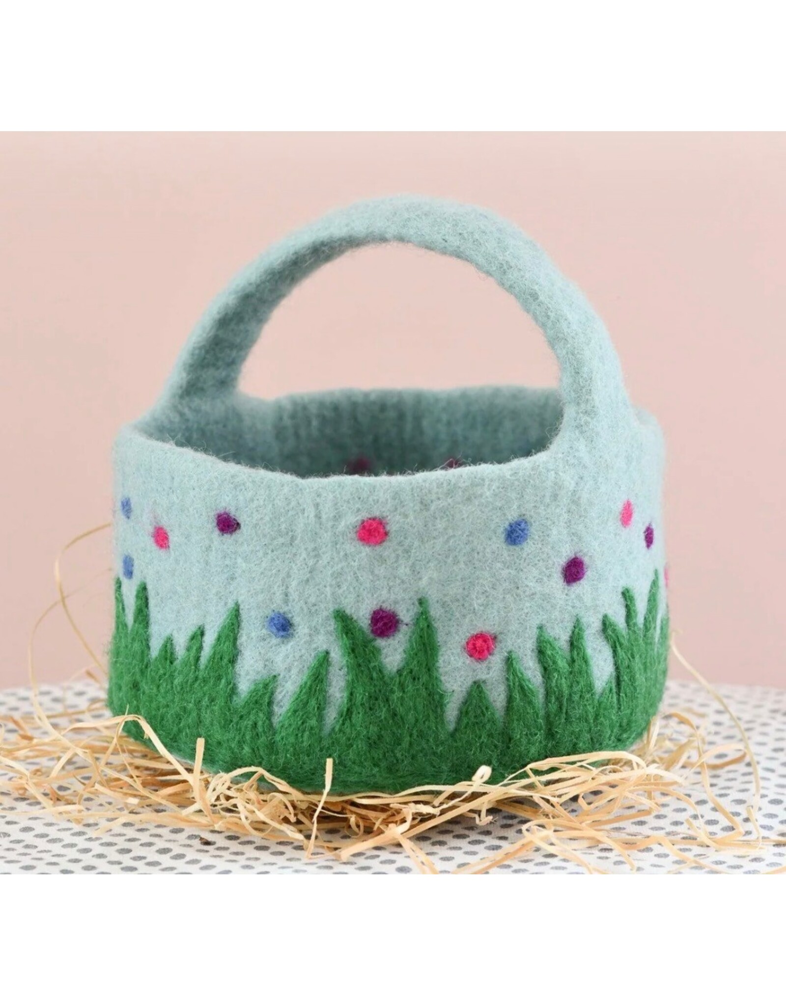 Felt Blue Basket with Colorful Dots