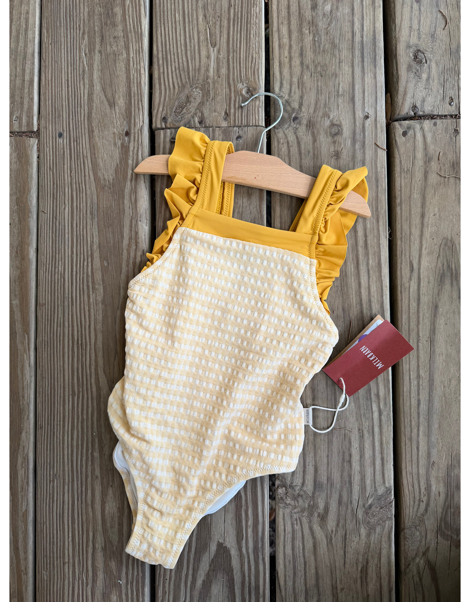 Ruffle Square Neck Swimsuit - Yellow Gingham