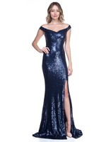 RR1013 - OFF SHOULDER FULL SEQUINED DRESS WITH SLIT