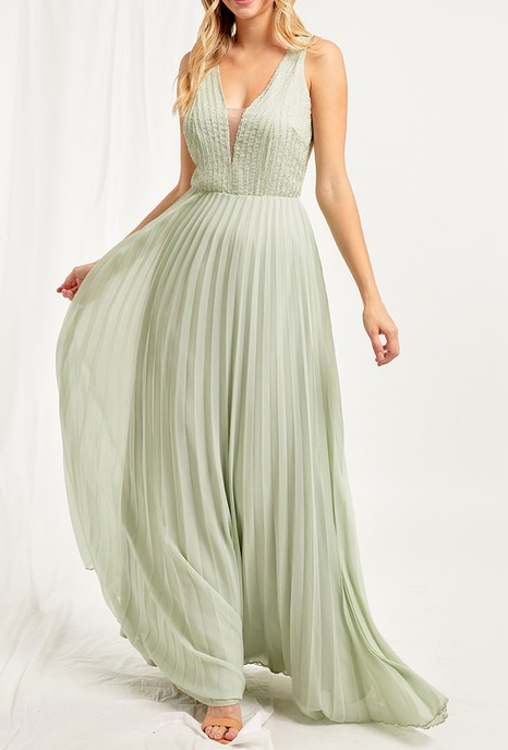 MT2114 -PLEATED VNECK GOWN