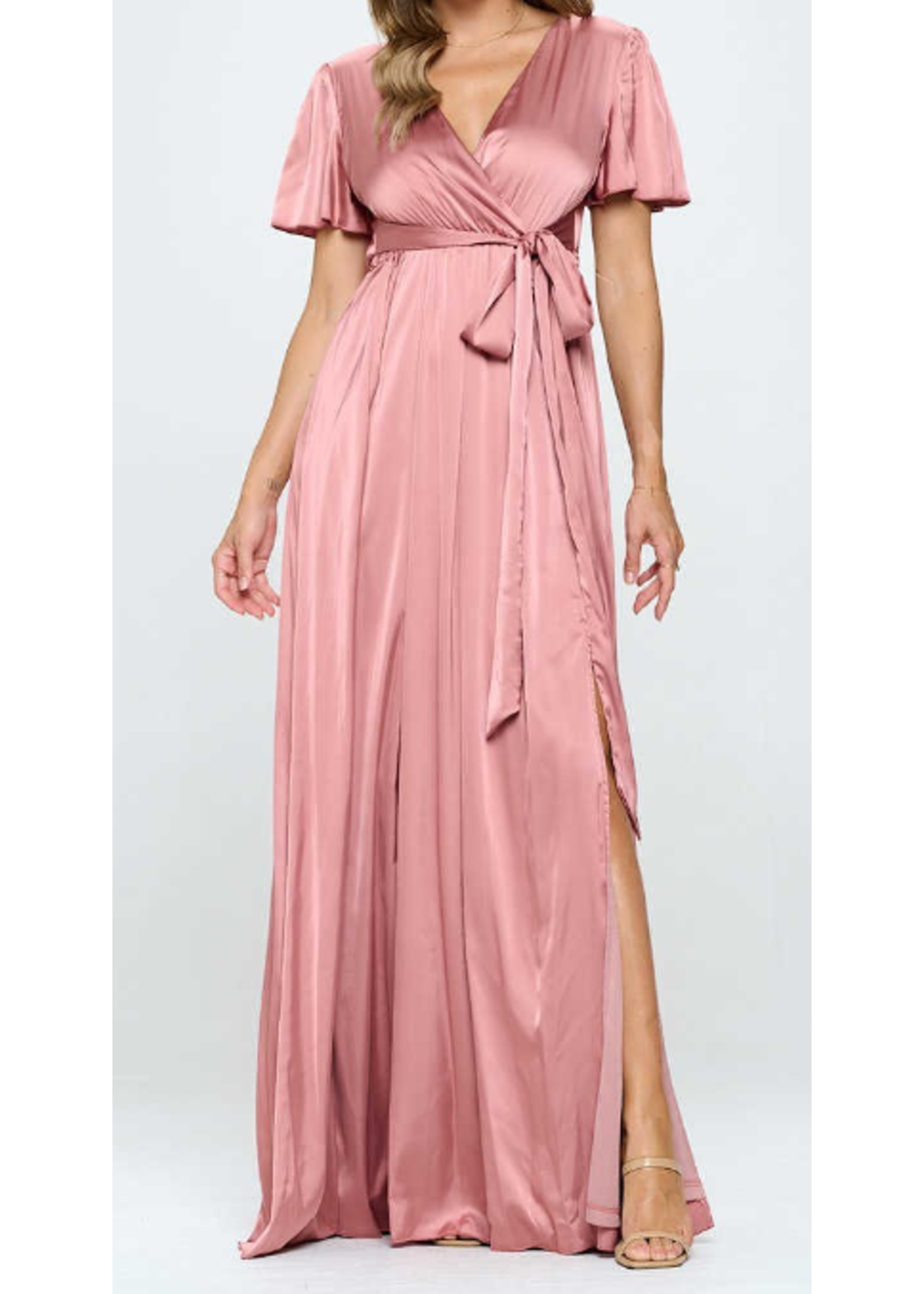 RR9350P10 -SATIN VNECK W HIGH SLIT