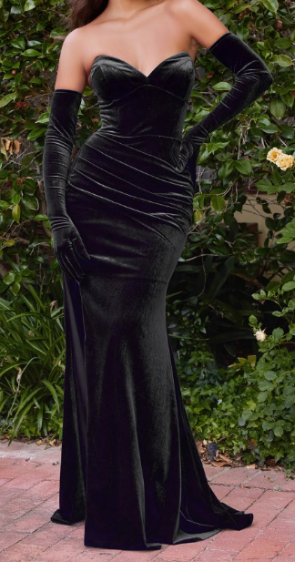 CDCH176 - VELVET STRAPLESS FITTED GOWN WITH GLOVES