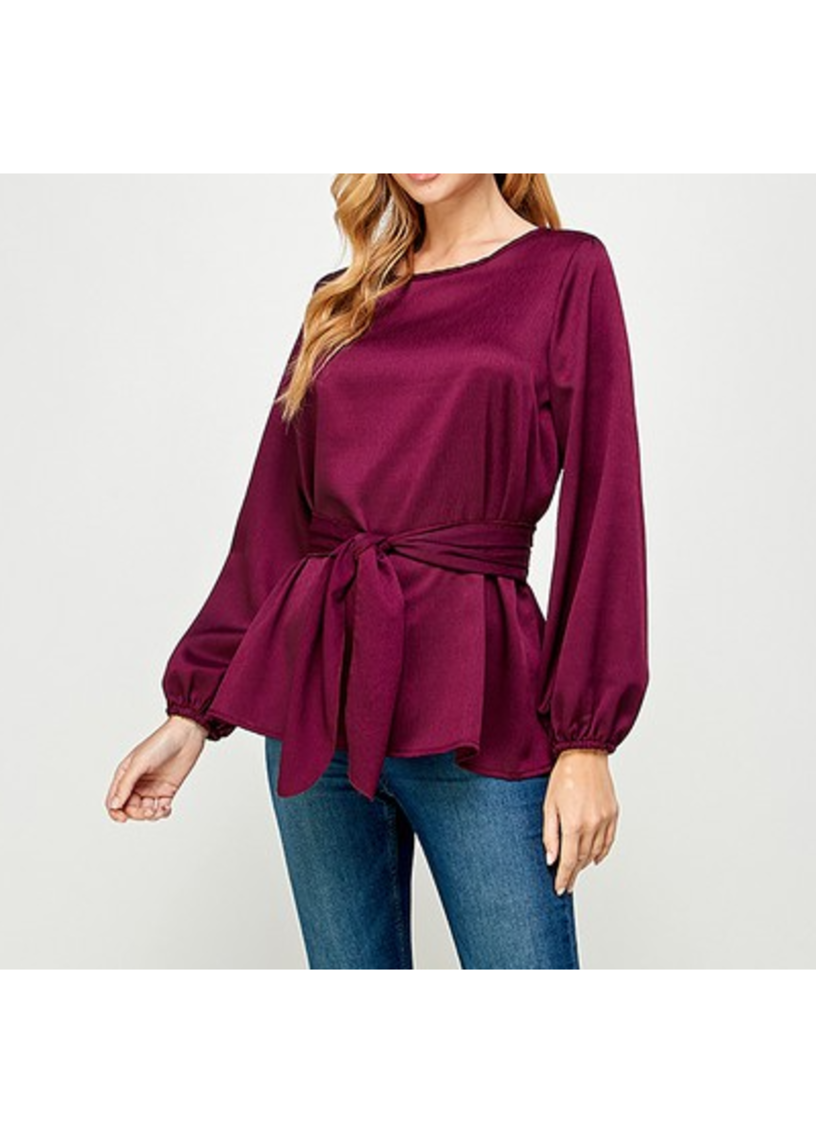2HT2668 - SOLID WOVEN LONG SLEEVE WAIST TIE BLOUSE