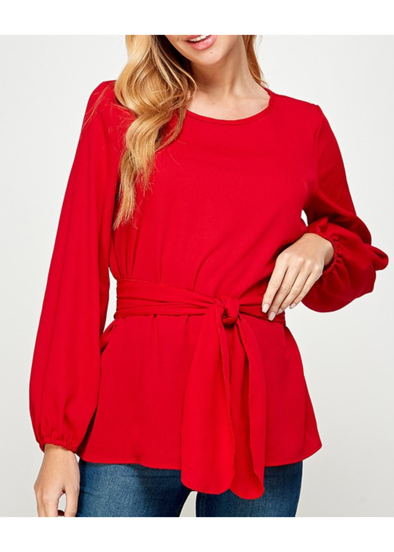 2HT2668 - SOLID WOVEN LONG SLEEVE WAIST TIE BLOUSE