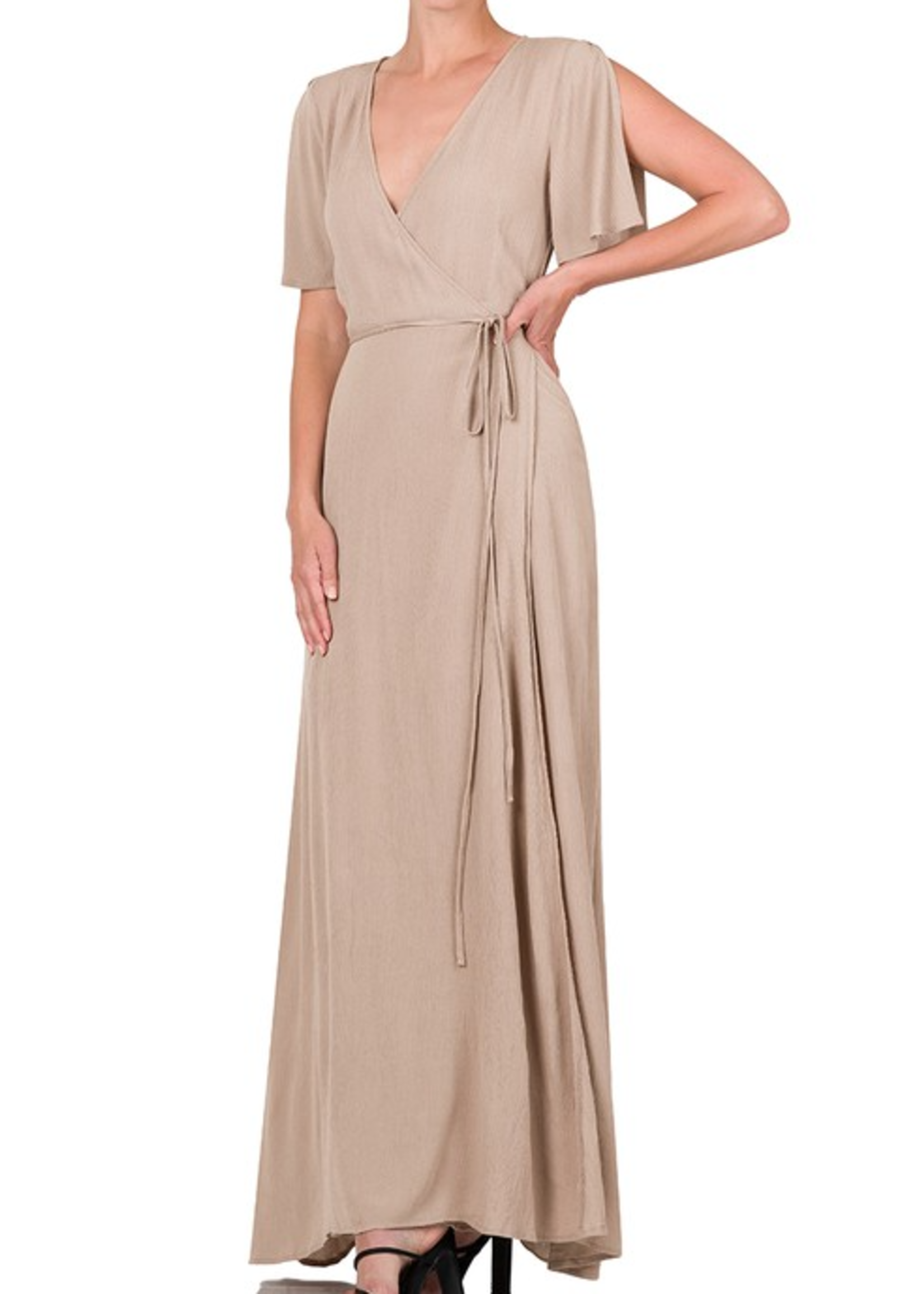 ZNQD1121 - WOVEN CRINKLE GAUZE WRAP TIE SIDE MAXI DRES