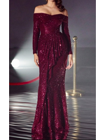 17YCH135 - SEQUIN OFF SHOULDER LONG SLEEVE GOWN