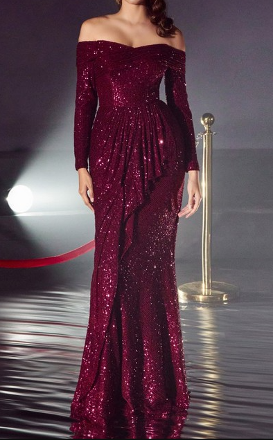 17YCH135 - SEQUIN OFF SHOULDER LONG SLEEVE GOWN