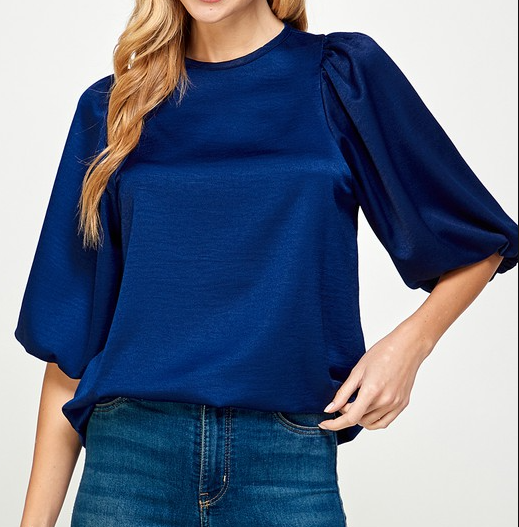 2HT3056S - SATIN DRAMATIC PUFF SLEEVE BLOUSE W BACK BUTTON